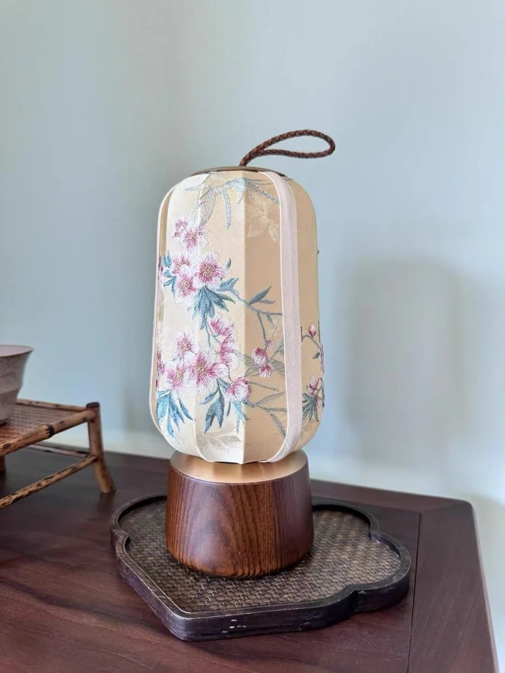 Gold Floral Embroidered Lantern with Wooden Base